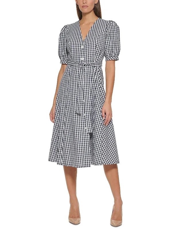 Womens Gingham Elbow Sleeves Midi Dress Cozy A-Line Midi Dress