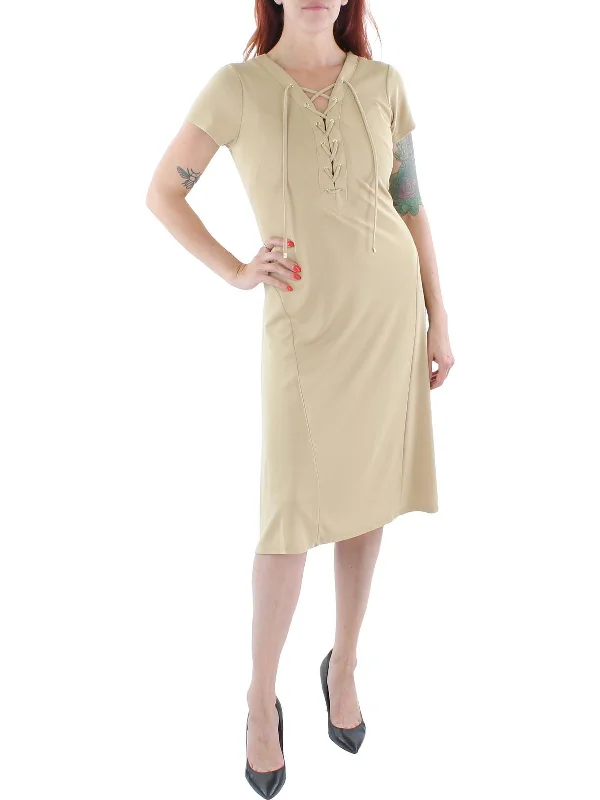 Womens Lace-Up Calf Midi Dress Cozy Midi Dress with Pockets