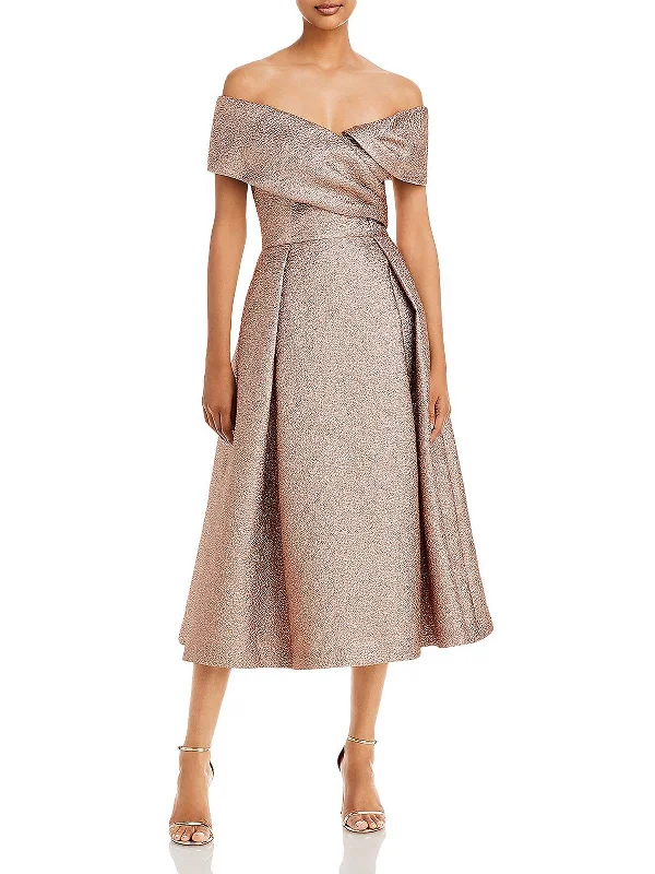 Womens Metallic Off-The-Shoulder Midi Dress Fashionable Off-Shoulder Dress Midi