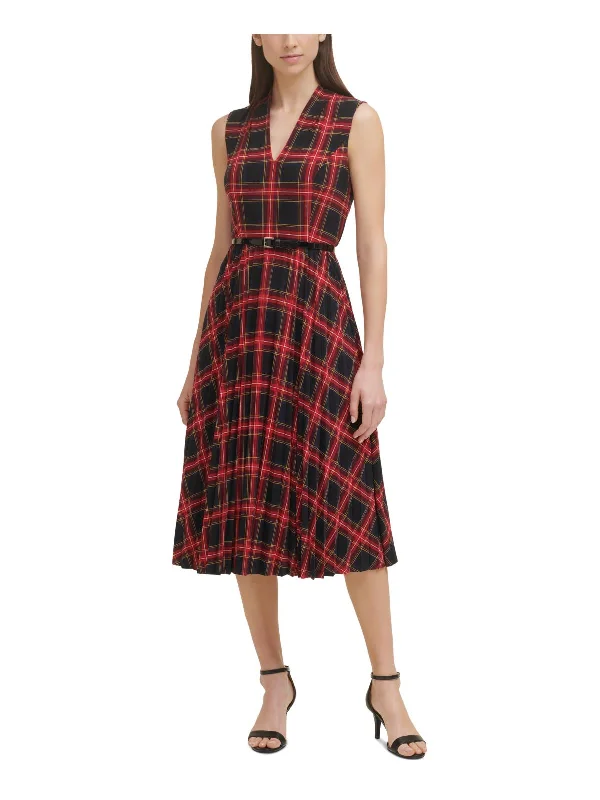Womens Plaid Calf Midi Dress Comfortable Fit-and-Flare Midi Dress