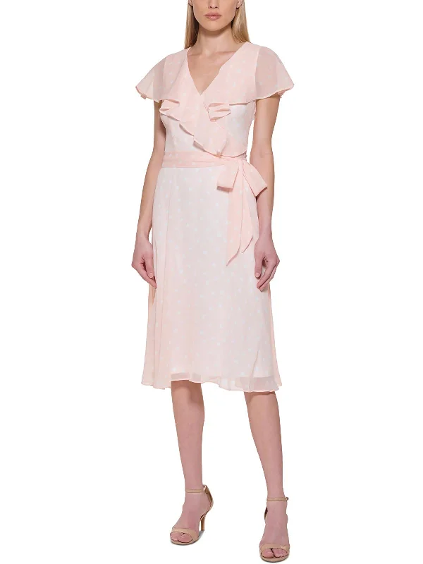 Womens Polka Dot Ruffled Midi Dress Comfortable Wrap Midi Dress