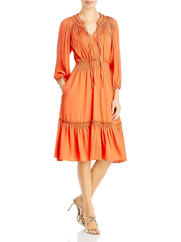 Womens Smocked Mid Calf Midi Dress Trendy Knit Midi Dress