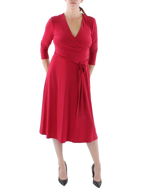Womens Surplice Calf Midi Dress Stylish Pleated Skirt Midi Dress