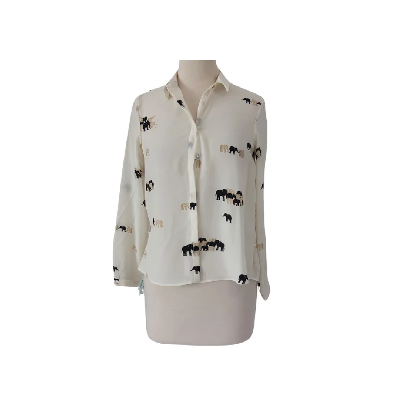 ZARA Cream Elephant Print Semi-sheer Collared Shirt | Gently Used | Casual Oversized Short Shirt