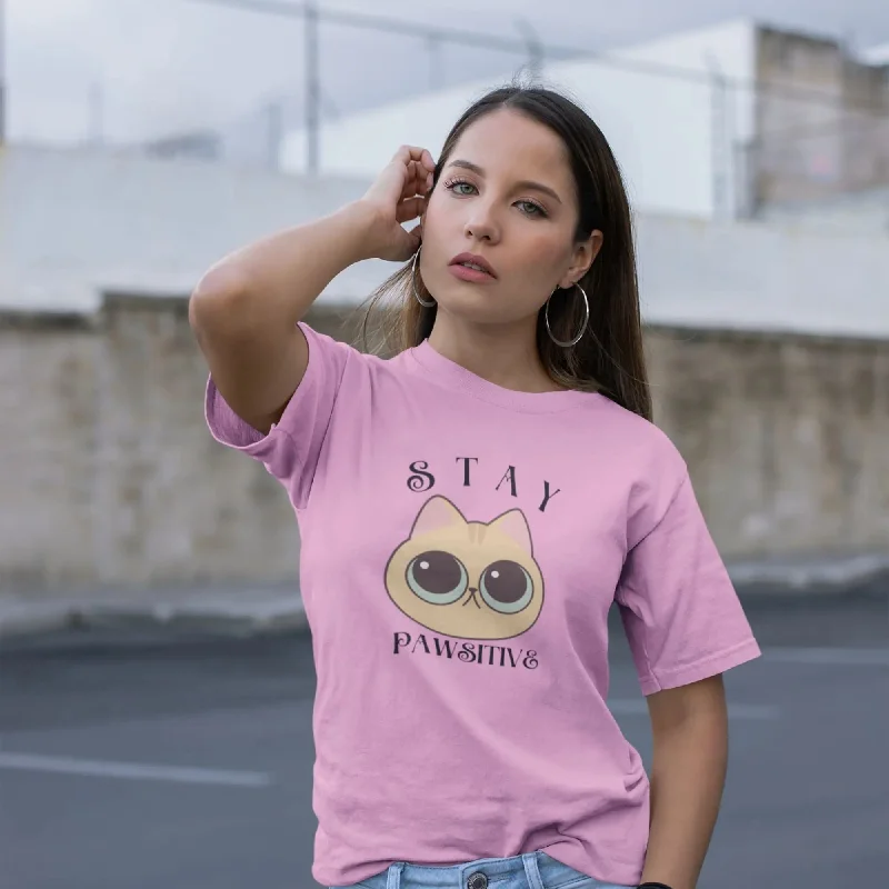 Stay Pawsitive Round Neck Half Sleeve Classic T-Shirt Welt Pockets Slit Pockets Flap Pockets
