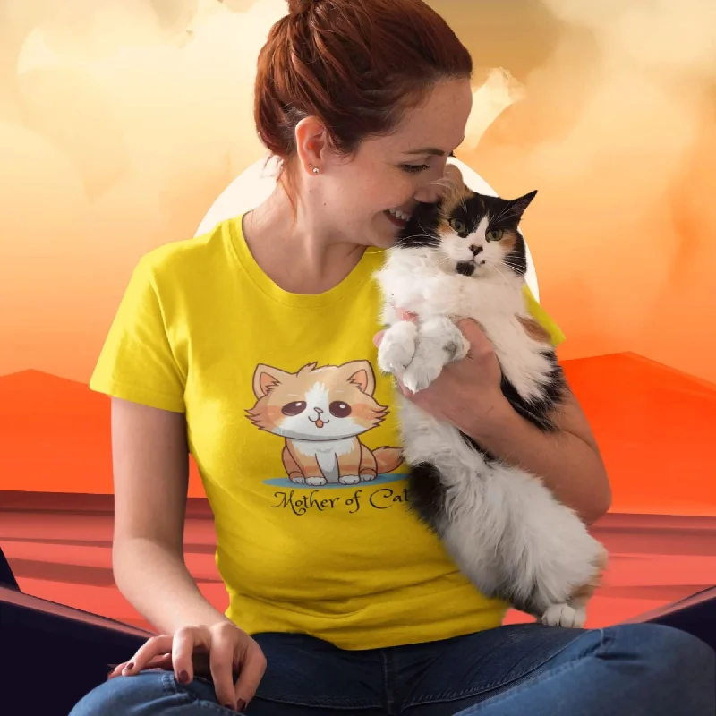 Mother of Cat  Round Neck Half Sleeve Classic T-Shirt Mesh Canvas Denim