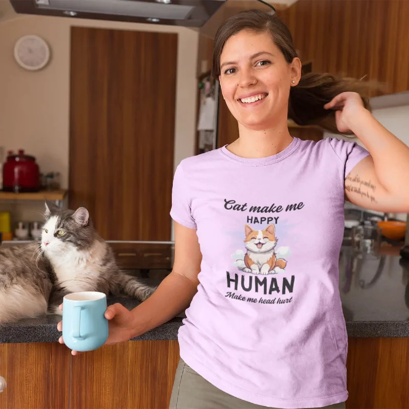 Cat Make Me Happy Round Neck Half Sleeve Classic T-Shirt Chenille Blend Fleece Blend Nylon Blend