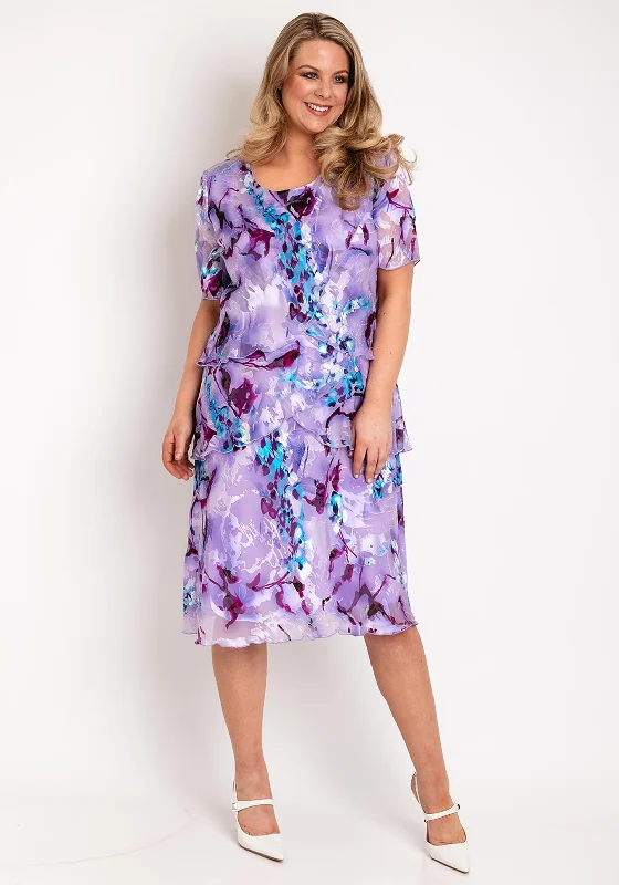 Allison Printed Silk Layered Midi Dress, Purple Trendy Ruffled Sleeve Midi Dress