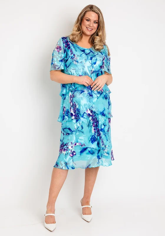 Allison Printed Silk Layered Midi Dress, Turquoise Purple Fashionable Sheer Sleeve Midi Dress