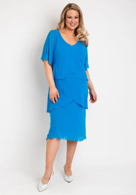 Allison Chiffon Tiered Frill Midi Dress, Turquoise Trendy Long Sleeve Midi Dress