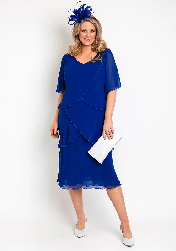 Allison Chiffon Tiered Frill Midi Dress, Navy Trendy Midi Dress with Belt