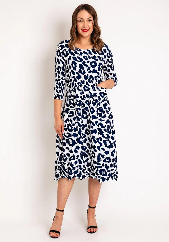 Alquema Smash Pocket Crinkle Print Midi Dress, Indigo Leopard Stylish Vintage Midi Dress