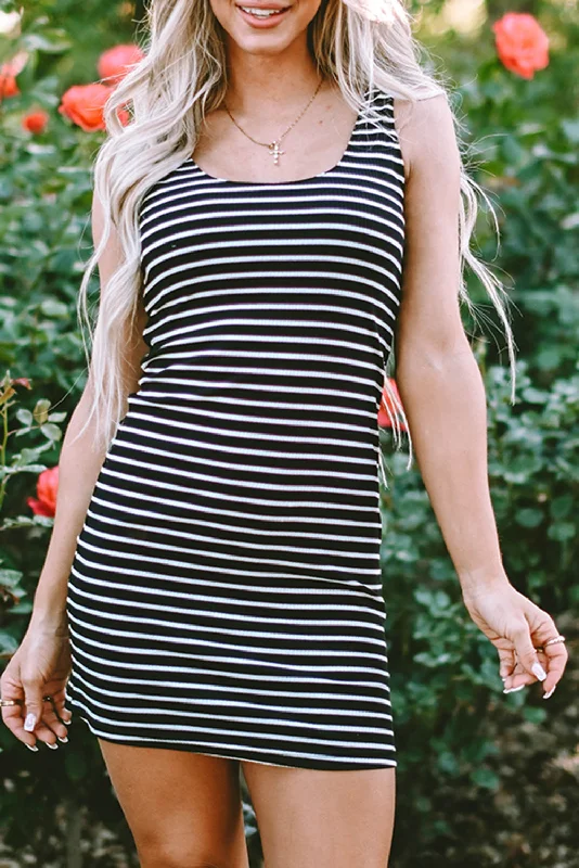 Black Stripe Ribbed Knit Sleeveless Mini Dress Classic Solid Mini Dress