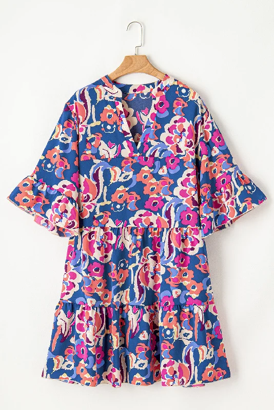 Blue Plus Size Floral Print Ruffled 3/4 Sleeve Mini Dress Trendy Tie-Dye Mini Dress