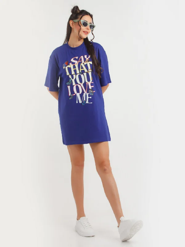 Blue Printed Mini Dress Comfortable Fit-and-Flare Mini Dress