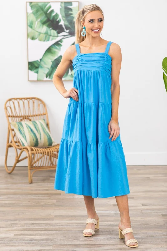 Blue Ruched Bodice Midi Dress Comfortable Draped Midi Dress