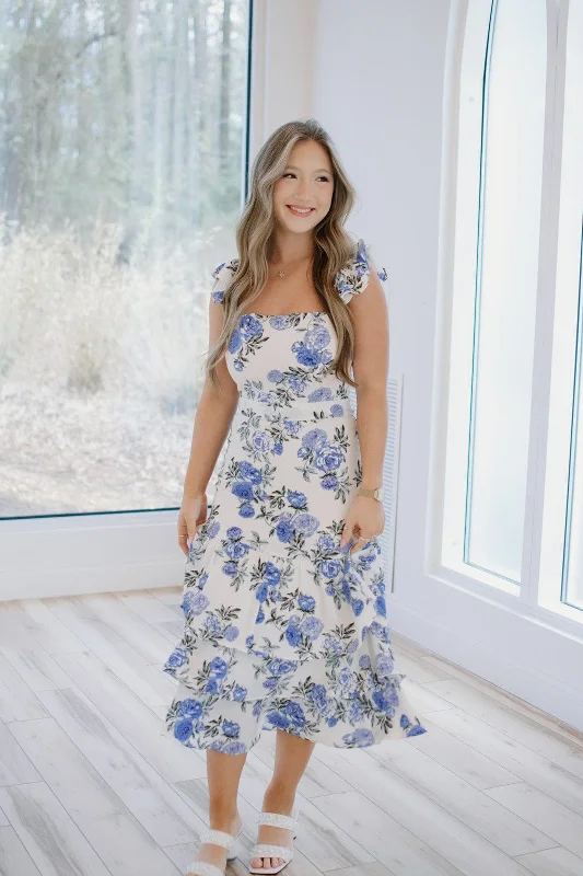 Blue & White Floral Ruffle Tiered Midi Dress Fashionable Polka Dot Midi Dress