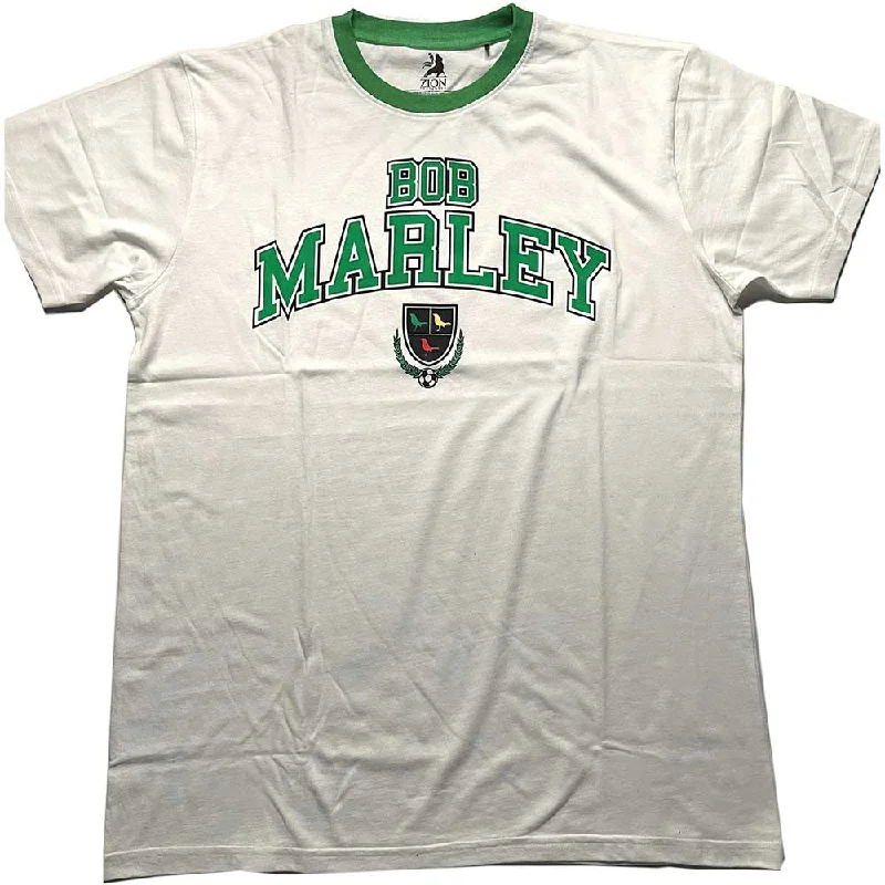 Bob Marley Unisex Ringer T-Shirt: Collegiate Crest Zippered Buttoned Snapped