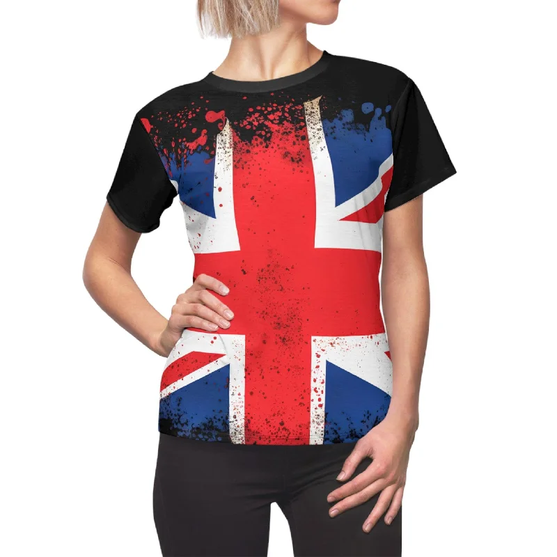 British Flag Women's Cut & Sew Black Tee Thin T-Shirt Open Front Quick Dry