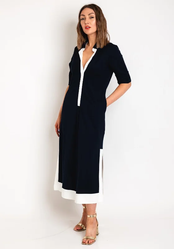 Naya Contrast Band Button Through Midi Dress, Navy & White Comfortable Fit-and-Flare Midi Dress