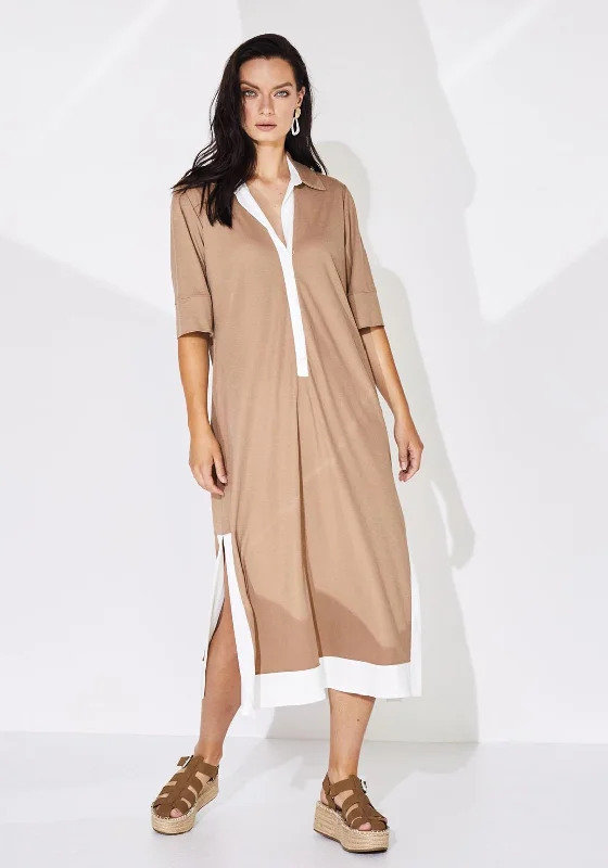 Naya Contrast Band Button Through Midi Dress, Camel & White Cozy Spaghetti Strap Midi Dress