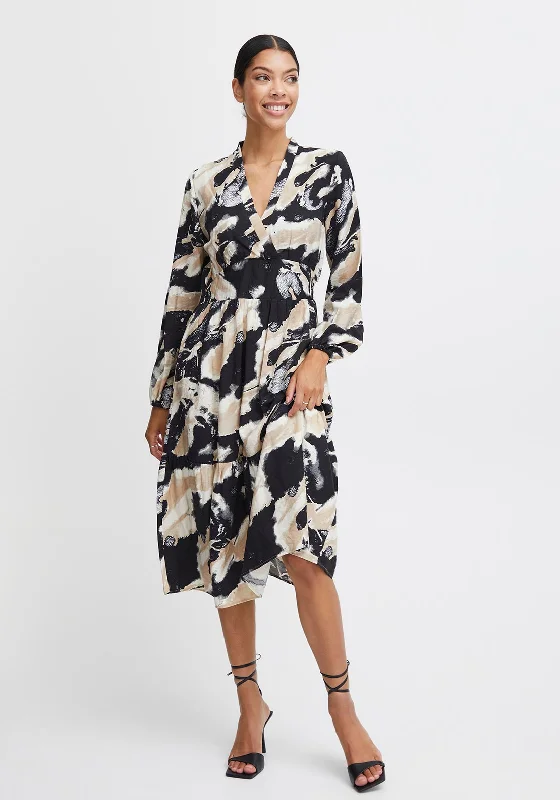 B.Young Hamma Marble Print A-Line Midi Dress, Birch Mix Elegant Satin Midi Dress