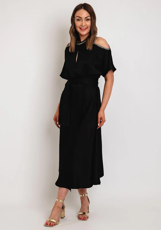 Camelot Cold Shoulder Satin Touch Midi Dress, Black Stylish Wraparound Midi Dress