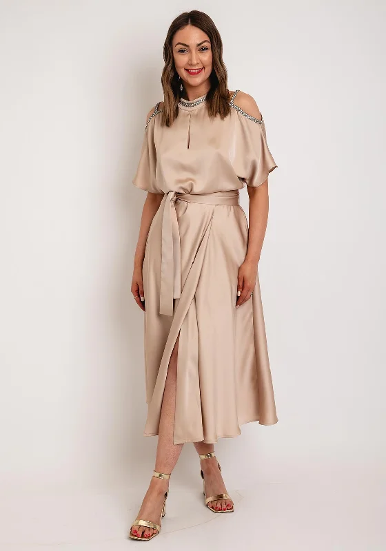 Camelot Cold Shoulder Satin Touch Midi Dress, Beige Cozy Wide Strap Midi Dress