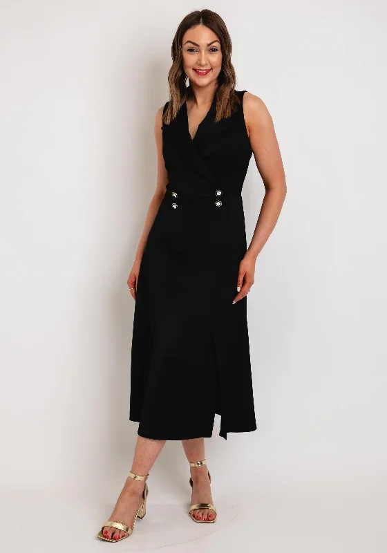 Camelot Double Breasted Satin Touch Midi Dress, Black Comfortable Casual Midi Dress