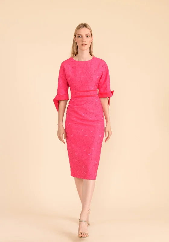 Caroline Kilkenny Aria Jacquard Ribbon Sleeve Midi Dress, Fuchsia Comfortable Lace-Up Midi Dress