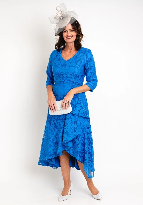 Casandra Cal Jacquard Ruffled High Low Midi Dress, Royal Blue Trendy Long Sleeve Midi Dress