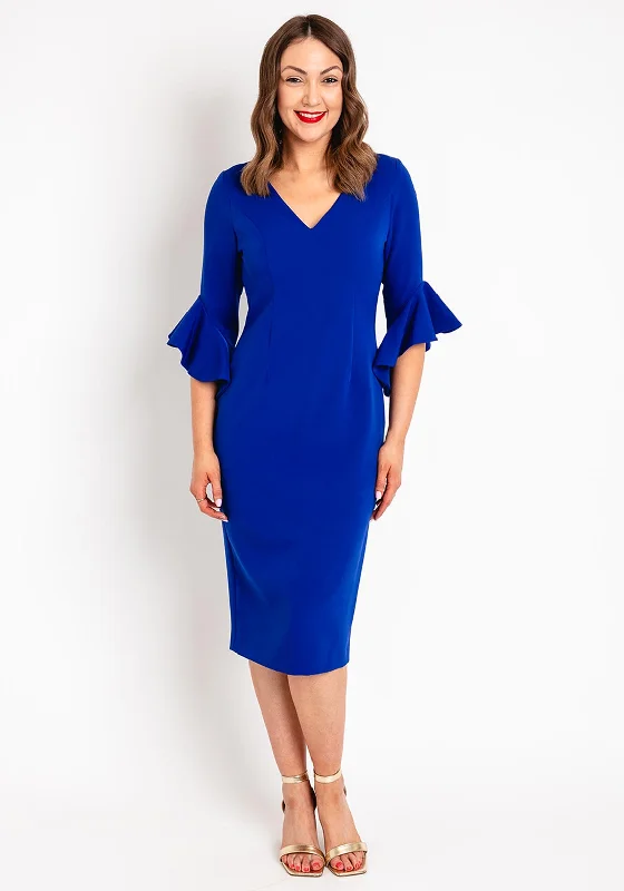 Castings Ruffled Three Quarter Sleeve Midi Dress, Azul Stylish Long Sleeve Floral Midi Dress