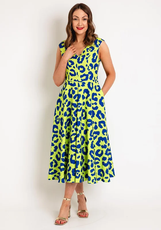 Castings Leopard Print A-line Midi Dress, Lime Stylish Color Block Midi Dress