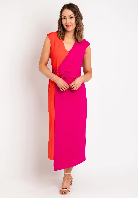 Casting Colour Block Faux Wrap Midi Dress, Fuchsia & Orange Stylish Off-Shoulder Ruffle Dress