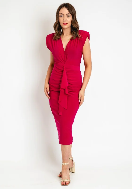 Casting Ruched Drape Midi Dress, Fuchsia Trendy Smocked Detail Midi Dress