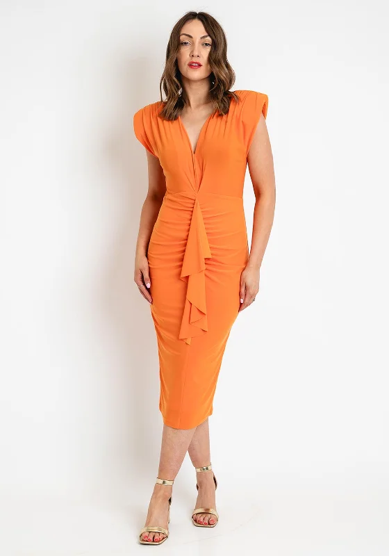 Casting Ruched Drape Midi Dress, Orange Chic Off-Shoulder Midi Dress