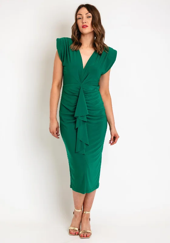 Casting Ruched Drape Midi Dress, Verde Elegant Floral Midi Dress