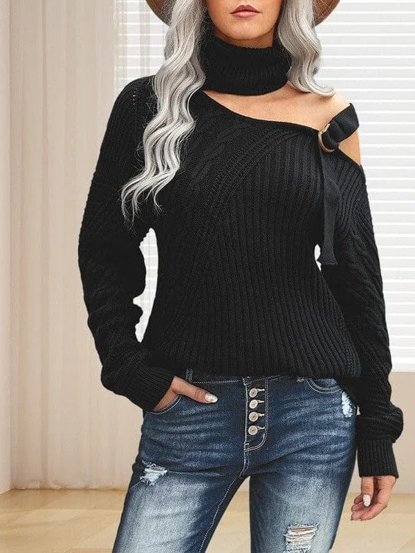 Casual Ribbed Button Decor Asymmetrical Hem Long Sleeve T-Shirt Ribbed T-Shirt High Neck Heavyweight