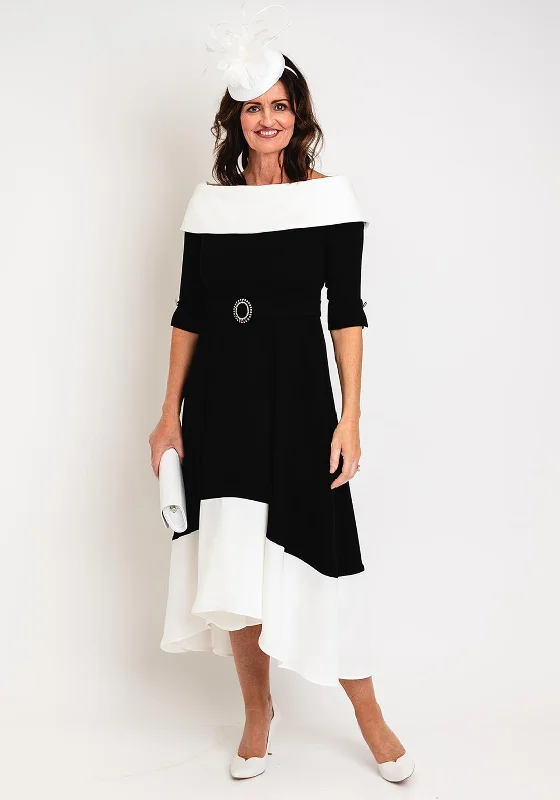 Claudia C Diana Off Shoulder A-line Midi Dress, Black & White Elegant Velvet Midi Dress