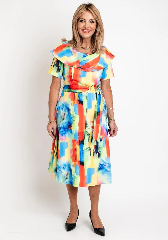 Coco Doll Hasta Multicoloured Print Midi Dress, Green Print Comfortable Ruched Midi Dress