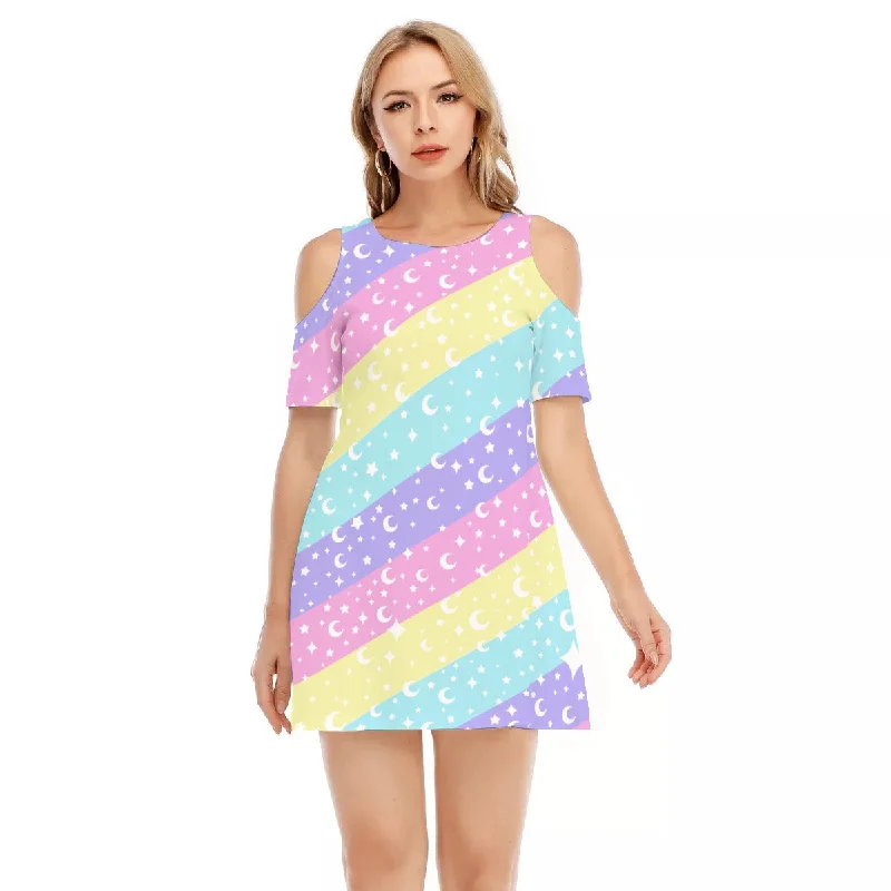 Cosmic Rainbow Women's Cotton Cold Shoulder Mini Dress Cozy Ribbed Mini Dress