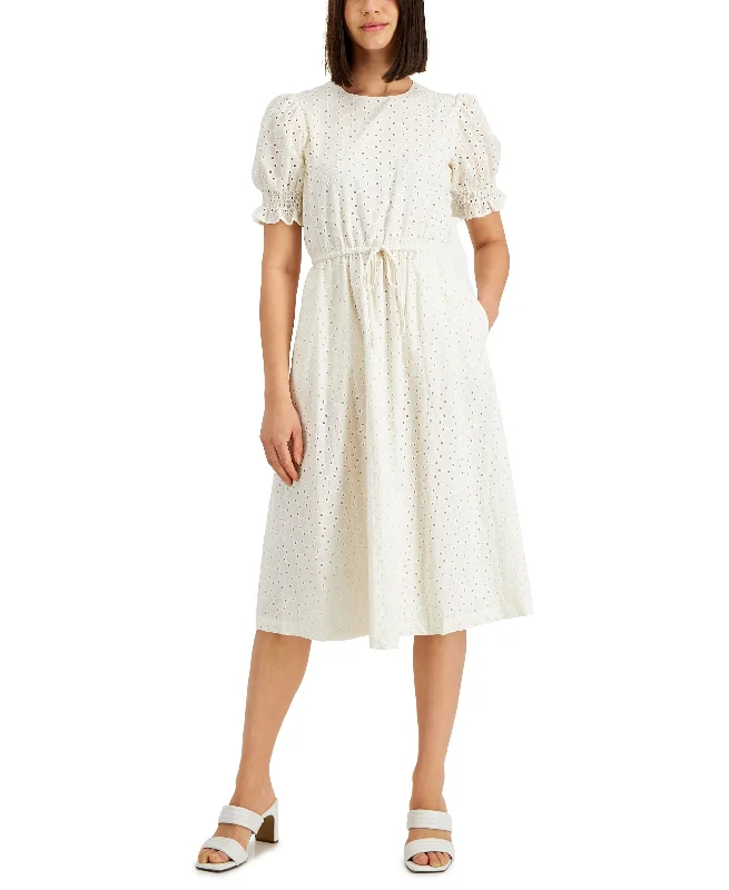 Cotton Eyelet Puff-Sleeve Midi Dress Stylish Pleated Skirt Midi Dress