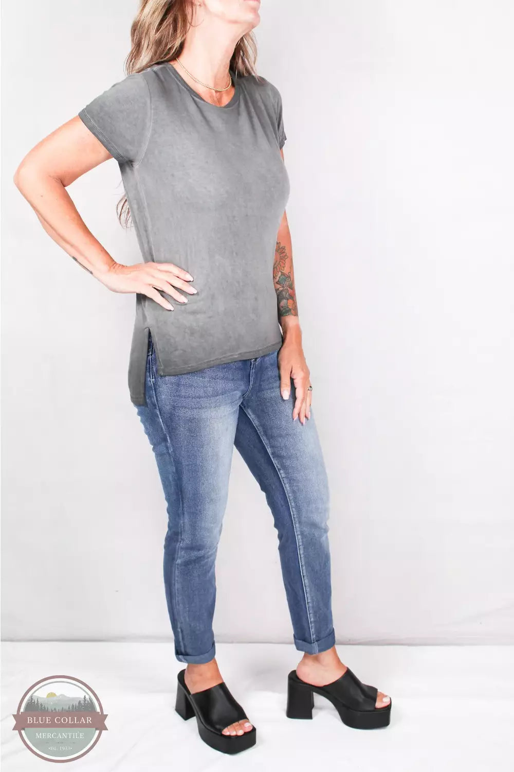 K062201 Airbrush Hi-Lo Split Hem T-Shirt Cyrus Graphic T-Shirt Round Neck Polyester