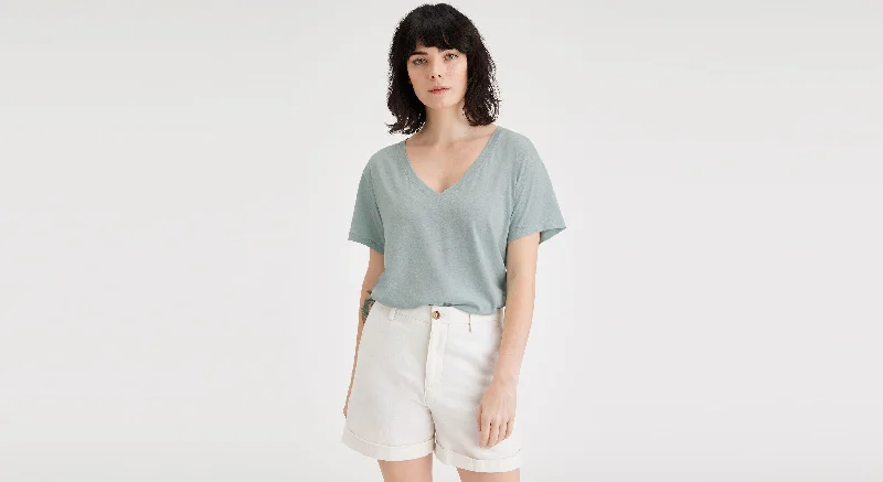 Deep V-Neck Tee, Regular Fit Oversized T-Shirt Spandex breathable