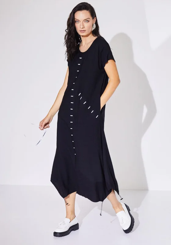 Naya Buttonhole Detail Drawstring Midi Dress, Black & White Comfortable Knitwear Midi Dress