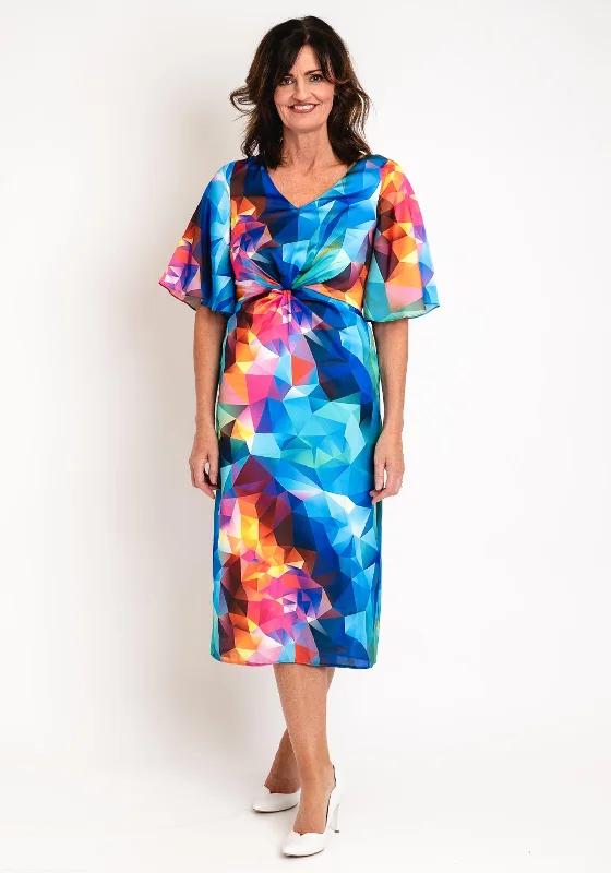 Ella Boo Twisted Bodice Detail Vibrant Print Midi Dress, Multi Stylish Tiered Midi Dress