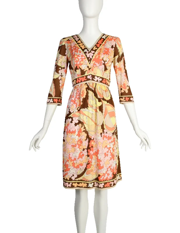 Emilio Pucci Vintage 1960s Pink Yellow Brown Pastel Floral Silk Jersey Mini Dress Classic White Mini Dress