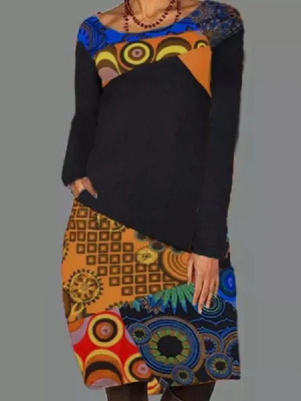 Ethnic Pattern Patchwork Casual Print Round Neck Long Sleeve Women Midi Dress Stylish Button-Up Midi Dress