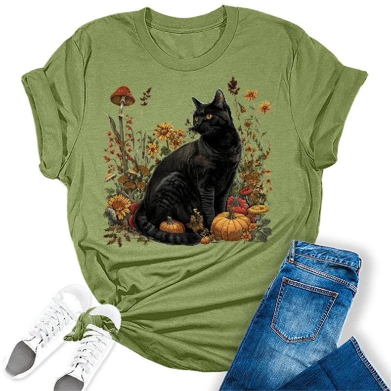 Fall Black Cat Graphic Tees For Women Notch Collar Peter Pan Collar Cowl Neck