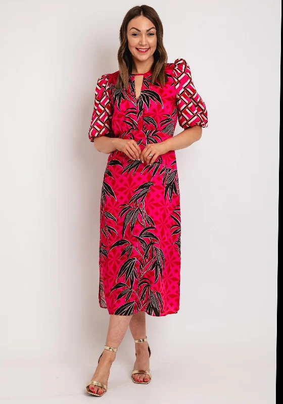 Fee G Ellen Round Neck Mixed Print Midi Dress, Pink Fashionable Plaid Midi Dress